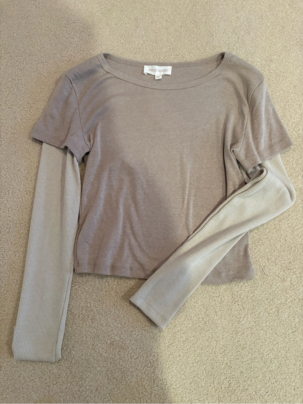 Pink Rose Taupe Top with Cream Ribbed Long Sleeves